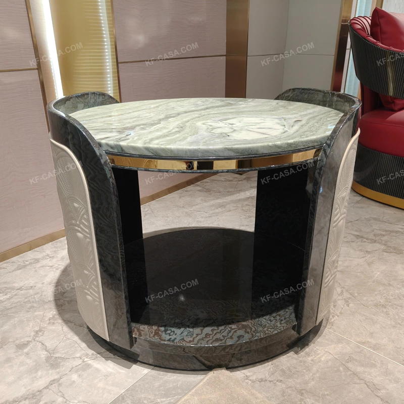 Round Marble-Top Sofa Side Table with Fan-Pattern Leather Panels, Open Shelf and Stainless Steel Trim